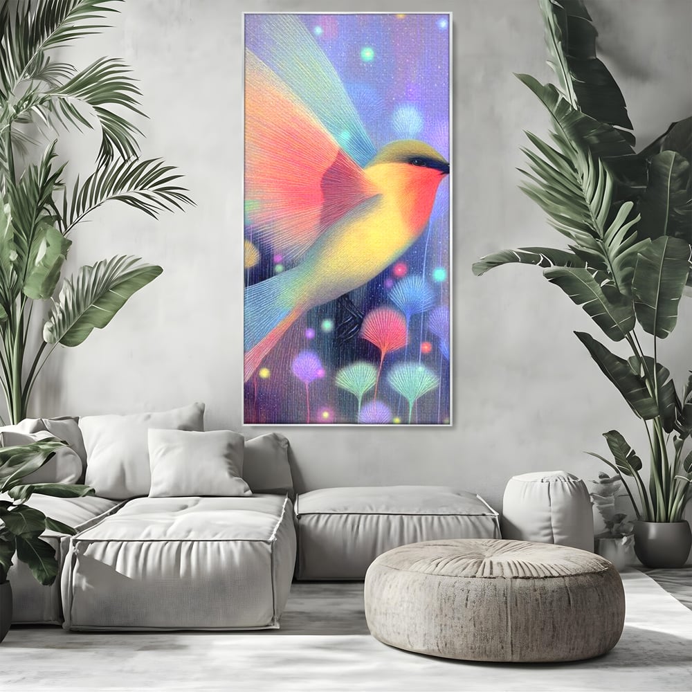 Tablou canvas cu tablou canvas cu pasare fantastica zburand, in rama de aluminiu argintiu, pe perete intr-un living